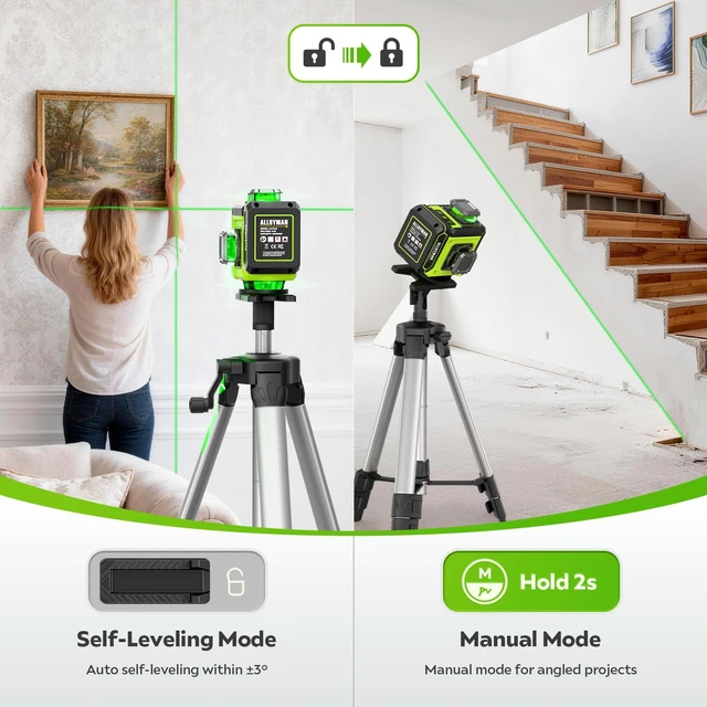 Alt view image 4 of 7 - Laser Level with Tripod, 4 × 360° Self Leveling Laser Level, Nivel Laser Green Line Lazer Leveler Tool for Picture Hanging, Home Renovation, Indoor Project, 2*Battery&Carrying Bag Included