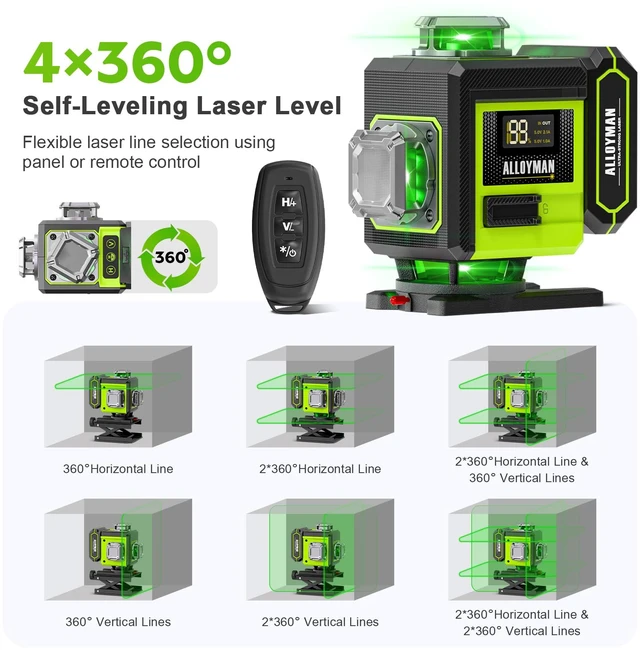 Alt view image 5 of 7 - Laser Level with Tripod, 4 × 360° Self Leveling Laser Level, Nivel Laser Green Line Lazer Leveler Tool for Picture Hanging, Home Renovation, Indoor Project, 2*Battery&Carrying Bag Included
