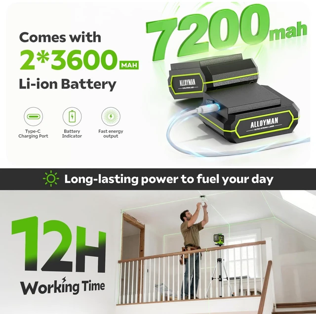 Alt view image 6 of 7 - Laser Level with Tripod, 4 × 360° Self Leveling Laser Level, Nivel Laser Green Line Lazer Leveler Tool for Picture Hanging, Home Renovation, Indoor Project, 2*Battery&Carrying Bag Included
