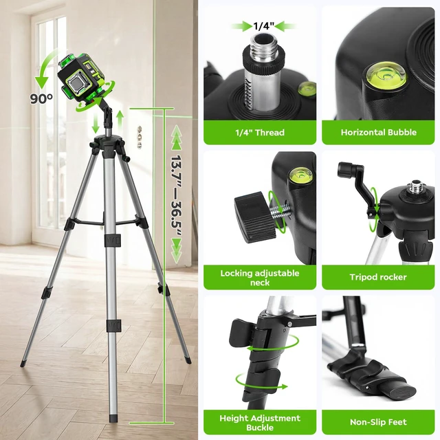 Alt view image 7 of 7 - Laser Level with Tripod, 4 × 360° Self Leveling Laser Level, Nivel Laser Green Line Lazer Leveler Tool for Picture Hanging, Home Renovation, Indoor Project, 2*Battery&Carrying Bag Included