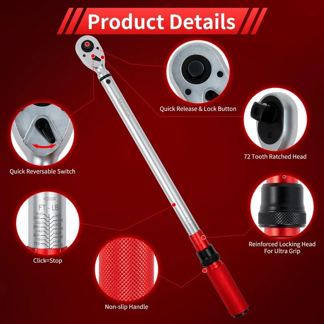 Alt view image 2 of 6 - 3/4-Inch Torque Wrench, Dual-Direction Adjustable 60 tooth 100-400ft.lb/136-542Nm, Professional Torque Wrench, for Maintenance Tool and Product Assembly