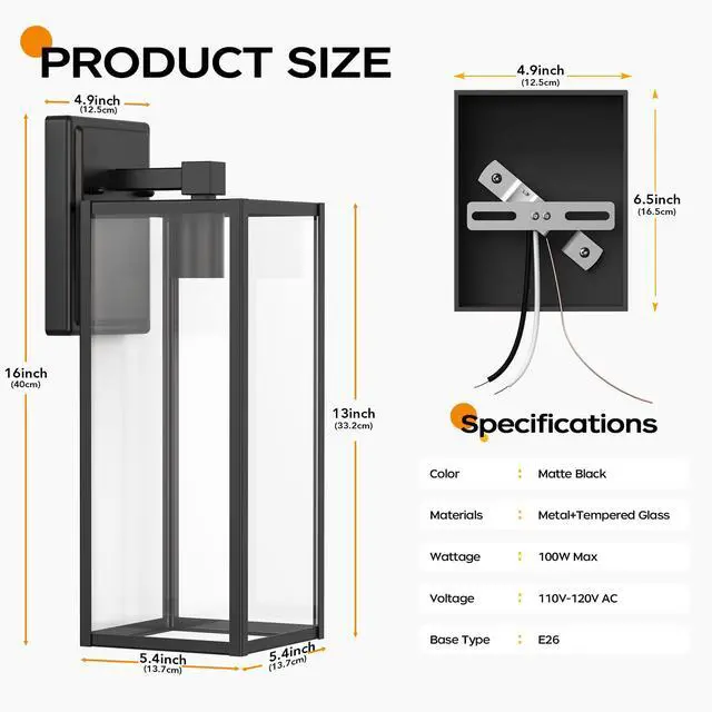 Alt view image 4 of 7 - 16in Outdoor Light Fixture Wall Mount, Exterior Porch fixtures 1 Pack Waterproof, Anti-Rust Metal Frame, Tempered Glass, E26 Base, Easy Install, Wall Sconce for Patio, Garage, Entryway, Doorway