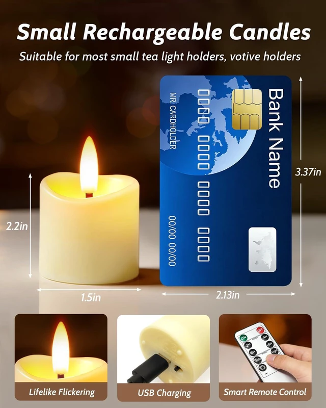 Alt view image 2 of 7 - 24 Pack Small Rechargeable Flameless Candles with Remote Timer 1.5"x2" LED Tea Lights Votive Fake Candles Flickering Mini Candles Battery Operated for Halloween Wedding Party Home Decor