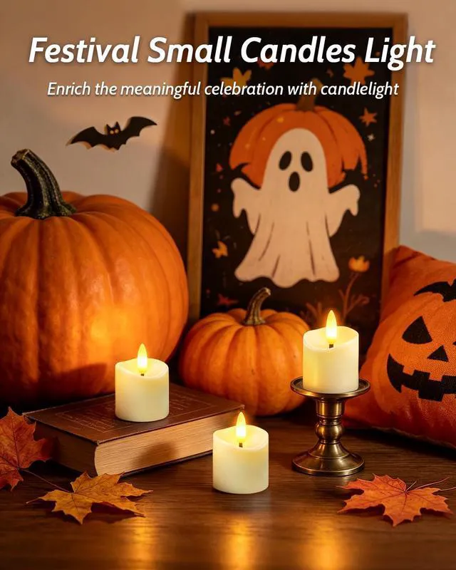 Alt view image 4 of 7 - 24 Pack Small Rechargeable Flameless Candles with Remote Timer 1.5"x2" LED Tea Lights Votive Fake Candles Flickering Mini Candles Battery Operated for Halloween Wedding Party Home Decor