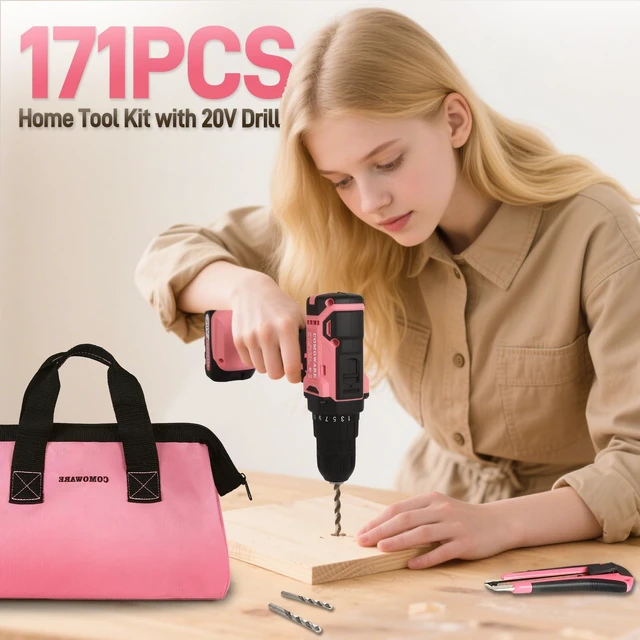 Alt view image 2 of 7 - 20V Cordless Drill Set, 171Pcs Pink Home Tool Set with Cordless Drill Driver, Complete Repair Tool Kit for Women, Pink Storage Bag, Ideal for Office, Garden, DIY Project