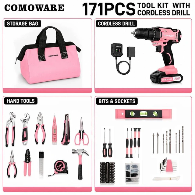 Alt view image 3 of 7 - 20V Cordless Drill Set, 171Pcs Pink Home Tool Set with Cordless Drill Driver, Complete Repair Tool Kit for Women, Pink Storage Bag, Ideal for Office, Garden, DIY Project