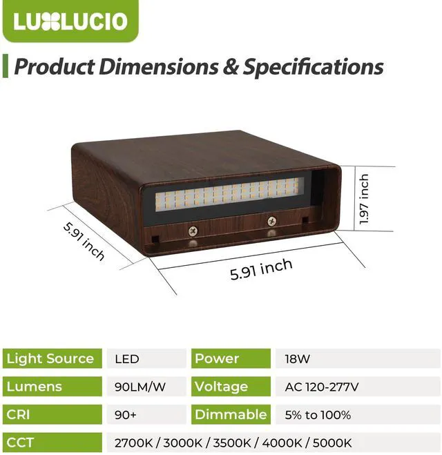 Alt view image 6 of 7 - 2 Pack Indoor Outdoor Walnut Wood Grain Up and Down LED Wall Light, Modern Bedroom/Porch Wall Lamp, IP65 Waterproof, 5%-100% Dimmable 18W 1620lm, 5CCT (2700K-5000K), CRI 90+, 120V-277V