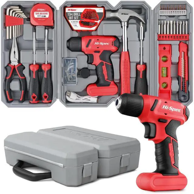 Main image of 8V USB Cordless Drill Driver Home Tool Kit for Home DIY, Red 58pc, faster holes and screwdriving, bit accessories, portable carry storage, light-duty project control, home setup help