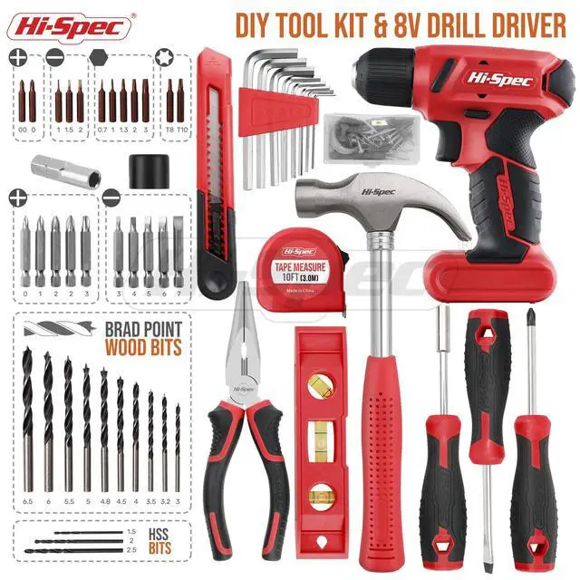Alt view image 2 of 7 - 8V USB Cordless Drill Driver Home Tool Kit for Home DIY, Red 58pc, faster holes and screwdriving, bit accessories, portable carry storage, light-duty project control, home setup help
