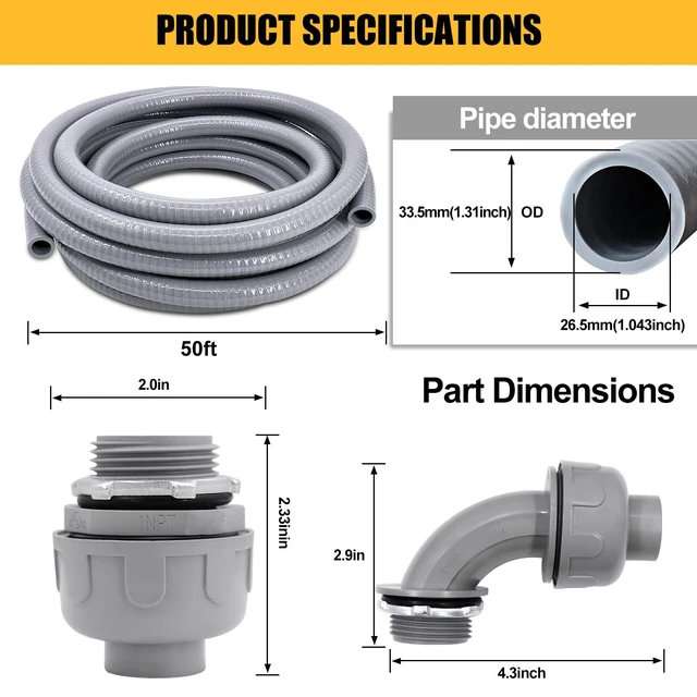 Alt view image 2 of 7 - Liquid-Tight Conduit - 1inch 50 Foot Flexible Non Metallic Liquid Tight Electrical Conduit Kit, with 6 Straight and 3 Angle Fittings Included. 1" Dia