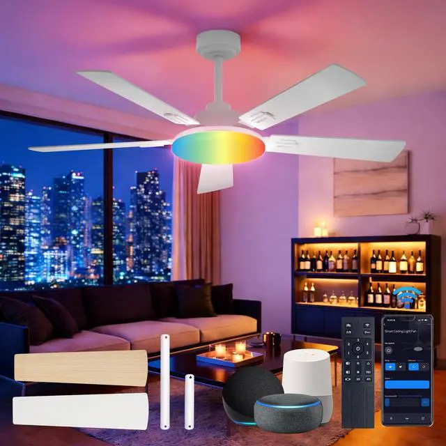 Main image of 52" RGB Smart Ceiling Fans with Lights, Downrod Mount White RGB Light, Music Sync, 3CCT Dimmable, Compatible with Alexa/Remote/App, Quiet 6 speeds Reversible DC Motor, Timer
