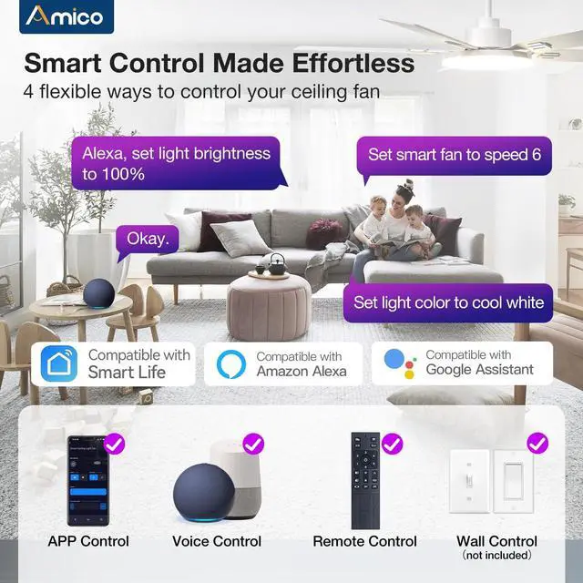 Alt view image 2 of 7 - 52" RGB Smart Ceiling Fans with Lights, Downrod Mount White RGB Light, Music Sync, 3CCT Dimmable, Compatible with Alexa/Remote/App, Quiet 6 speeds Reversible DC Motor, Timer
