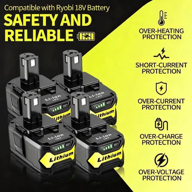 Alt view image 3 of 7 - 4 Pack High Capacity Replacement for Ryobi 18v Battery P108 P104 P105 P102 P103 P122 P109 Li-ION Compatible with Ryobi 18V ONE+ System Cordless Power Tools and Charger