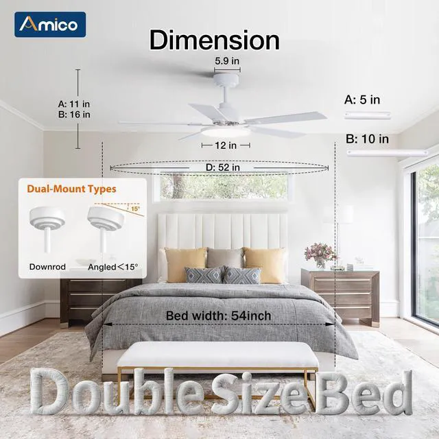 Alt view image 4 of 7 - 52" RGB Smart Ceiling Fans with Lights, Downrod Mount White RGB Light, Music Sync, 3CCT Dimmable, Compatible with Alexa/Remote/App, Quiet 6 speeds Reversible DC Motor, Timer