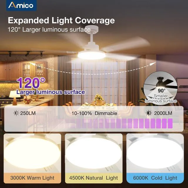 Alt view image 6 of 7 - 52" RGB Smart Ceiling Fans with Lights, Downrod Mount White RGB Light, Music Sync, 3CCT Dimmable, Compatible with Alexa/Remote/App, Quiet 6 speeds Reversible DC Motor, Timer