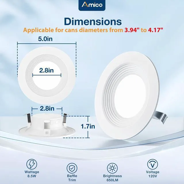 Alt view image 2 of 6 - 24 Pack 4 inch 5CCT LED Recessed Lighting, Retrofit Can Lights, White Baffle Trim, Dimmable, 8.5W=60W, 650LM, 2700K/3000K/4000K/5000K/6000K Selectable, Easy Install, IC & Damp Rated, ETL & FCC