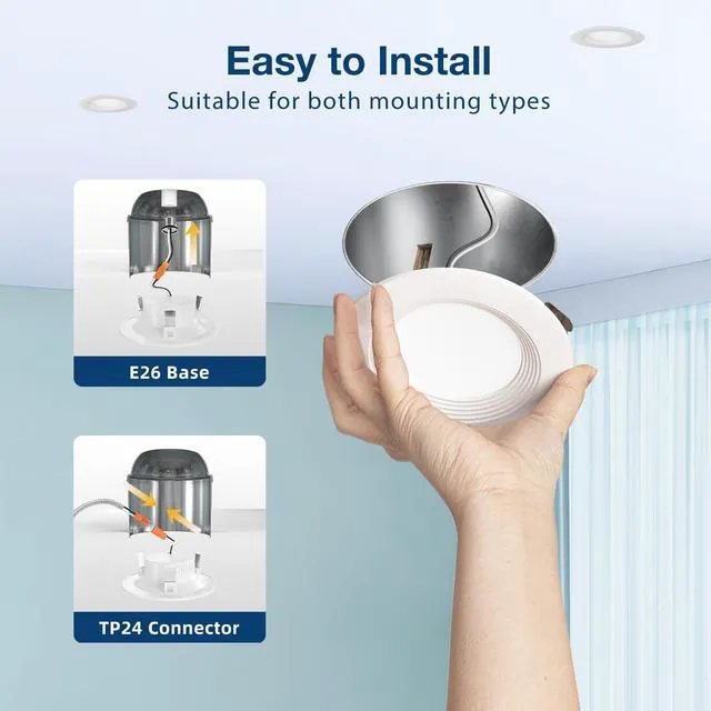 Alt view image 3 of 6 - 24 Pack 4 inch 5CCT LED Recessed Lighting, Retrofit Can Lights, White Baffle Trim, Dimmable, 8.5W=60W, 650LM, 2700K/3000K/4000K/5000K/6000K Selectable, Easy Install, IC & Damp Rated, ETL & FCC