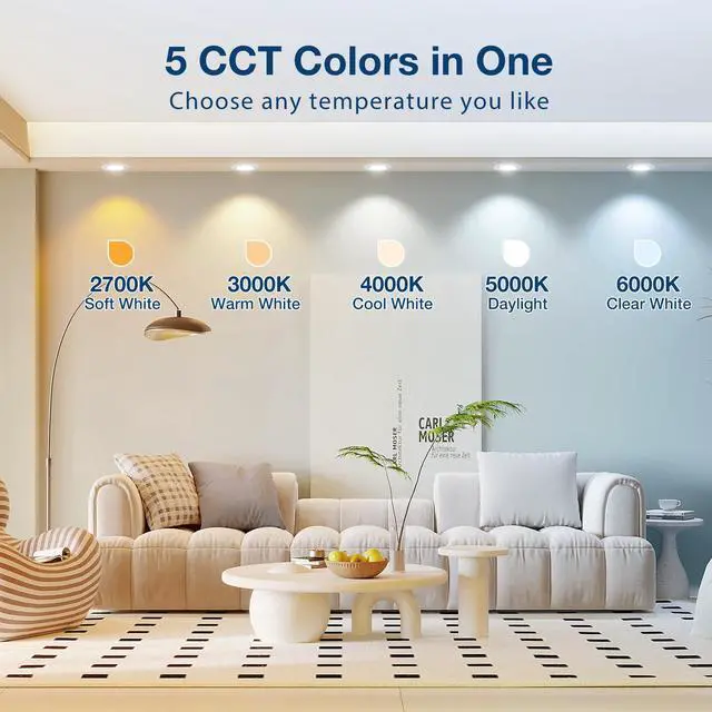 Alt view image 5 of 6 - 24 Pack 4 inch 5CCT LED Recessed Lighting, Retrofit Can Lights, White Baffle Trim, Dimmable, 8.5W=60W, 650LM, 2700K/3000K/4000K/5000K/6000K Selectable, Easy Install, IC & Damp Rated, ETL & FCC