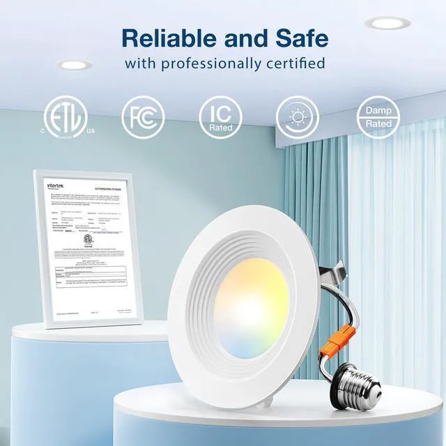 Alt view image 6 of 6 - 24 Pack 4 inch 5CCT LED Recessed Lighting, Retrofit Can Lights, White Baffle Trim, Dimmable, 8.5W=60W, 650LM, 2700K/3000K/4000K/5000K/6000K Selectable, Easy Install, IC & Damp Rated, ETL & FCC