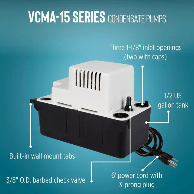Alt view image 3 of 7 - VCMA-15ULT 115 Volt, 65 GPH, 1/50 HP Automatic Condensate Removal Pump with Tubing (no safety switch), Black/White, 554411