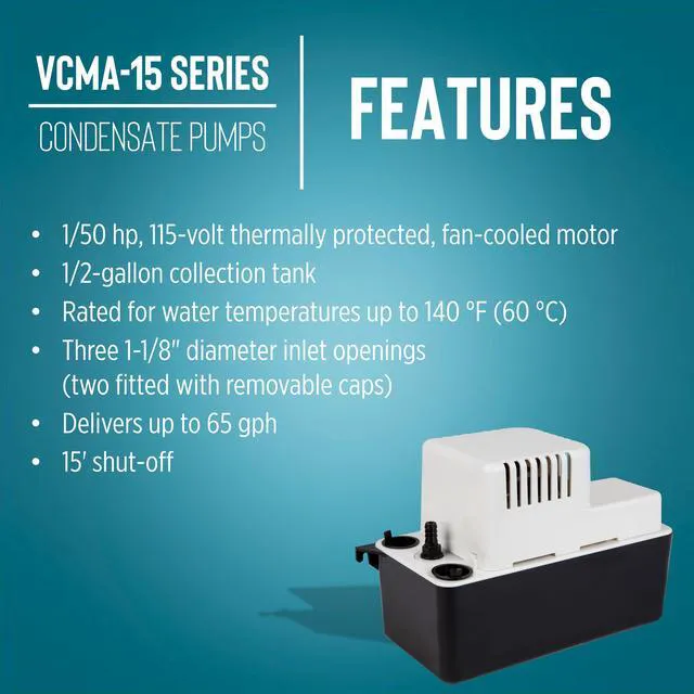 Alt view image 5 of 7 - VCMA-15ULT 115 Volt, 65 GPH, 1/50 HP Automatic Condensate Removal Pump with Tubing (no safety switch), Black/White, 554411