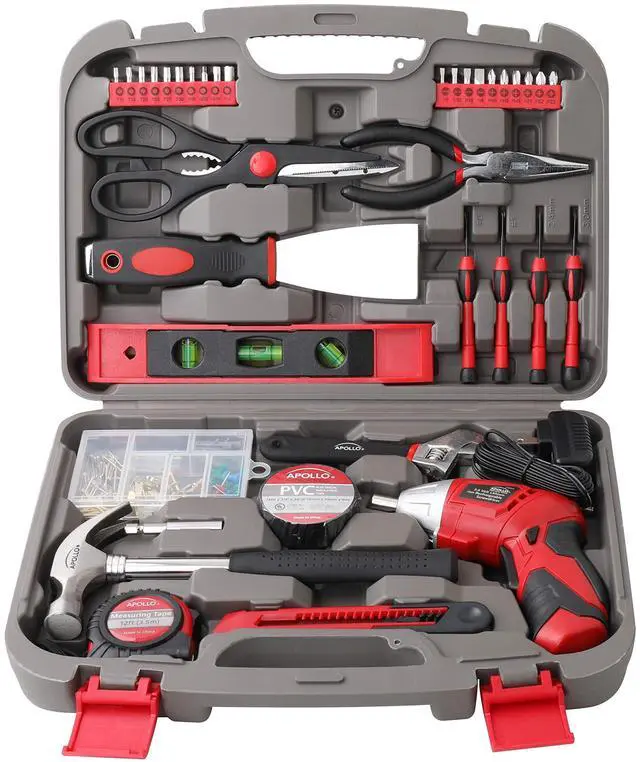Main image of Tools 135 Piece Household Tool Set, Red DT0773 Pivoting Dual-Angle 3.6 Volt Lithium-Ion Cordless Screwdriver, Most-Needed Tools and Hanging Assortment