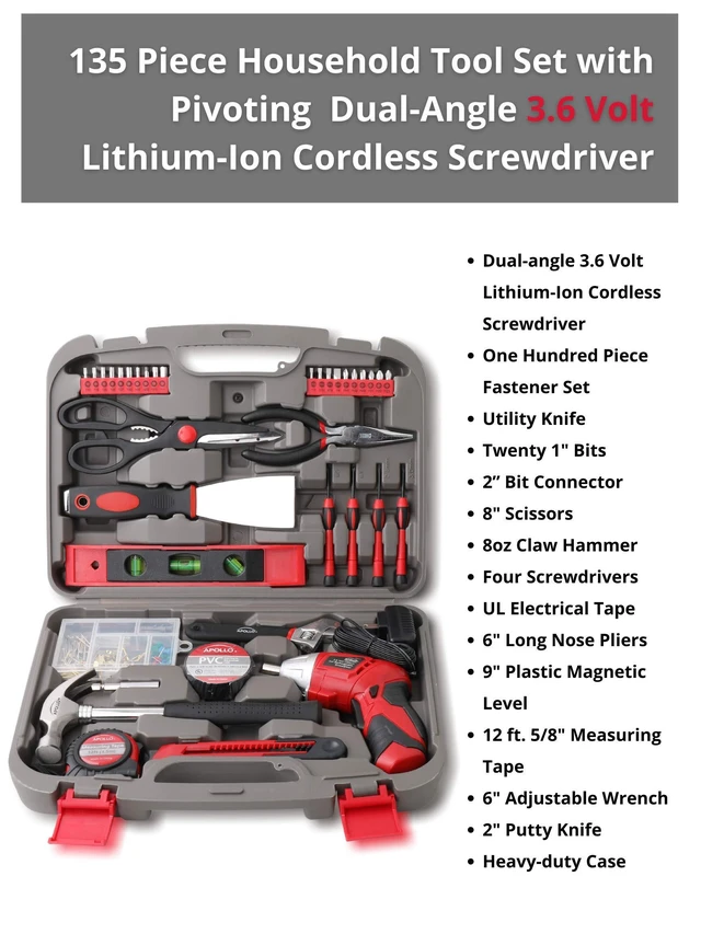 Alt view image 5 of 7 - Tools 135 Piece Household Tool Set, Red DT0773 Pivoting Dual-Angle 3.6 Volt Lithium-Ion Cordless Screwdriver, Most-Needed Tools and Hanging Assortment