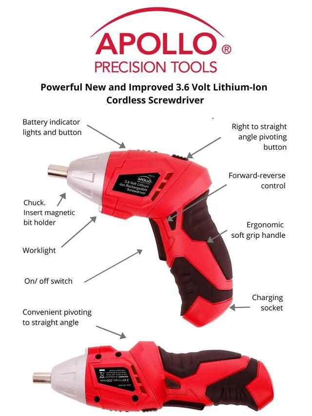 Alt view image 7 of 7 - Tools 135 Piece Household Tool Set, Red DT0773 Pivoting Dual-Angle 3.6 Volt Lithium-Ion Cordless Screwdriver, Most-Needed Tools and Hanging Assortment