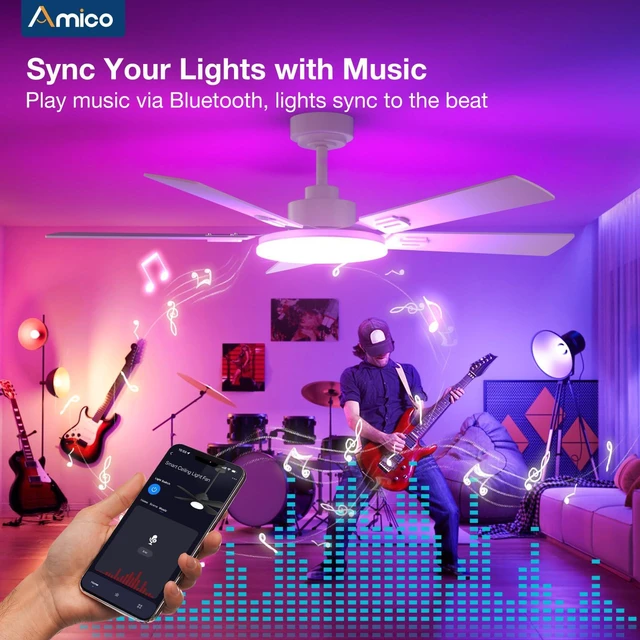 Alt view image 7 of 7 - 52" RGB Smart Ceiling Fans with Lights, Downrod Mount White RGB Light, Music Sync, 3CCT Dimmable, Compatible with Alexa/Remote/App, Quiet 6 speeds Reversible DC Motor, Timer