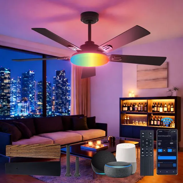 Main image of 52" RGB Smart Ceiling Fans with Lights, Downrod Mount, Black RGB Light, Music Sync, 3CCT Dimmable, Compatible with Alexa/Remote/App, Quiet 6 speeds Reversible DC Motor, Timer