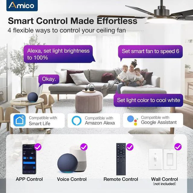 Alt view image 2 of 7 - 52" RGB Smart Ceiling Fans with Lights, Downrod Mount, Black RGB Light, Music Sync, 3CCT Dimmable, Compatible with Alexa/Remote/App, Quiet 6 speeds Reversible DC Motor, Timer