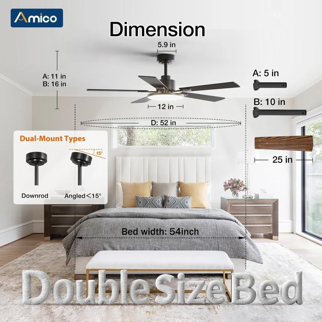 Alt view image 4 of 7 - 52" RGB Smart Ceiling Fans with Lights, Downrod Mount, Black RGB Light, Music Sync, 3CCT Dimmable, Compatible with Alexa/Remote/App, Quiet 6 speeds Reversible DC Motor, Timer