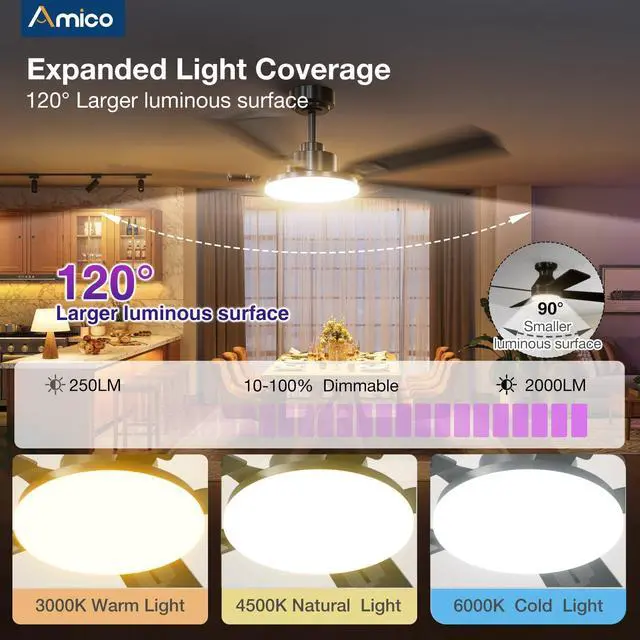 Alt view image 6 of 7 - 52" RGB Smart Ceiling Fans with Lights, Downrod Mount, Black RGB Light, Music Sync, 3CCT Dimmable, Compatible with Alexa/Remote/App, Quiet 6 speeds Reversible DC Motor, Timer