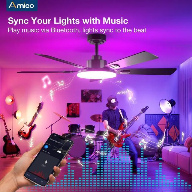 Alt view image 7 of 7 - 52" RGB Smart Ceiling Fans with Lights, Downrod Mount, Black RGB Light, Music Sync, 3CCT Dimmable, Compatible with Alexa/Remote/App, Quiet 6 speeds Reversible DC Motor, Timer