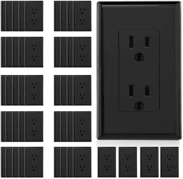 Main image of Decorator Receptacle, 15A 125V Standard Electrical Wall Outlet, Non-TR, 2 Pole 3 Wire, Self-Grounding Residential Grade, Screwless Wall Plate Included, UL Listed (50 Pack, Glossy Black)