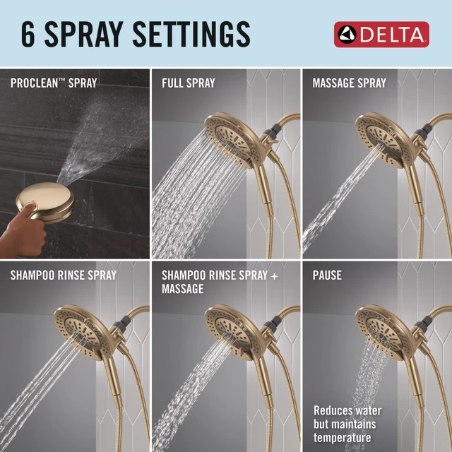Alt view image 4 of 7 - 6-Setting In2ition 2-in-1 Dual Shower Head with Handheld High Pressure ProClean Spray, Brushed Gold Detachable Shower Head with Hose, 1.75 GPM Flow Rate, Champagne Bronze 75655CZ