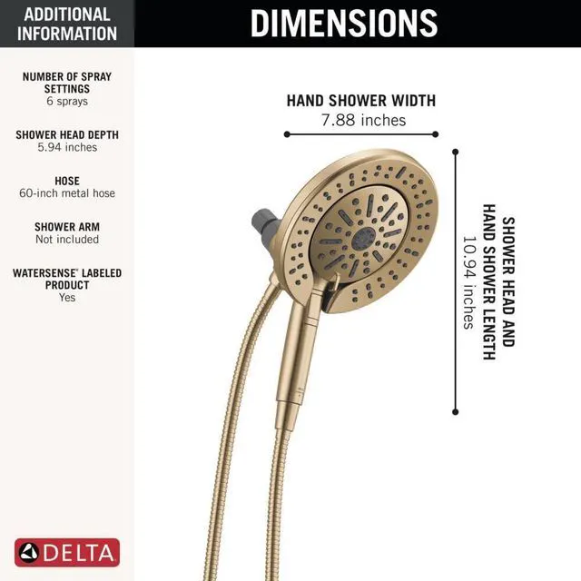 Alt view image 6 of 7 - 6-Setting In2ition 2-in-1 Dual Shower Head with Handheld High Pressure ProClean Spray, Brushed Gold Detachable Shower Head with Hose, 1.75 GPM Flow Rate, Champagne Bronze 75655CZ