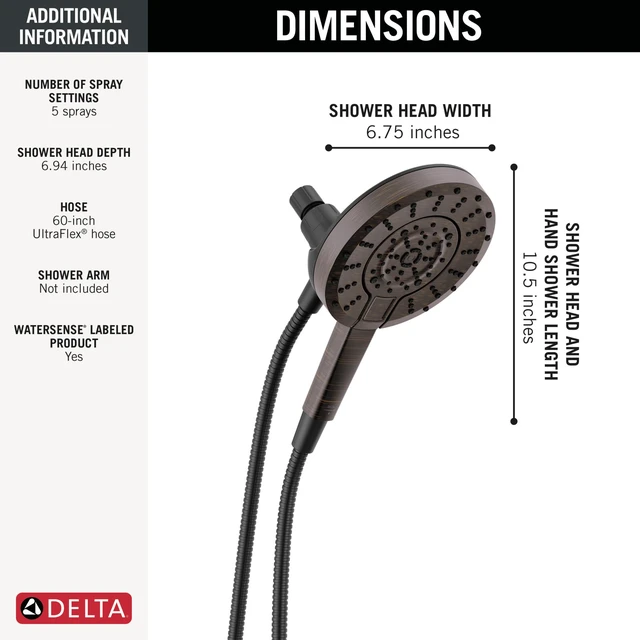 Alt view image 6 of 7 - 5-Setting In2ition 2-in-1 Dual Shower Head with Handheld High Pressure ProClean Spray, Oil Rubbed Bronze Detachable Shower Head with Hose, 1.75 GPM Flow Rate, Venetian Bronze 75548RB