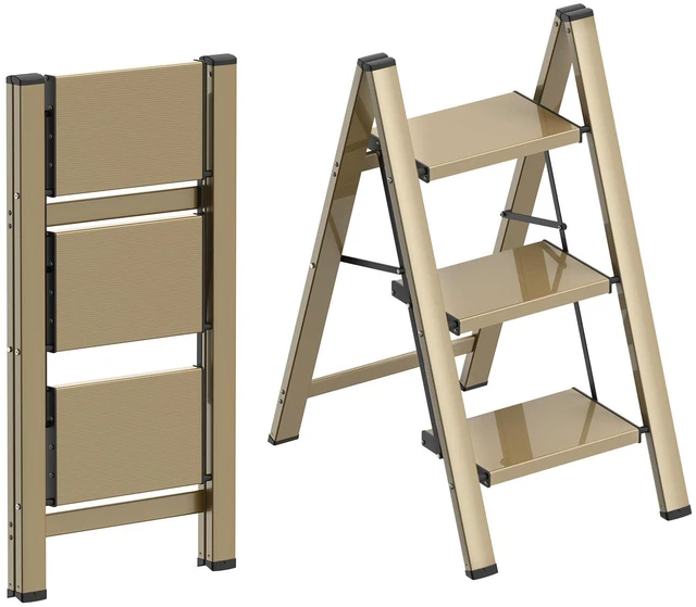 Main image of 3 Step Ladder, Lightweight Aluminum Folding Step Stool Anti-Slip Wide Pedal, 330lbs Capacity Step Ladder for Household Kitchen Office, Gold