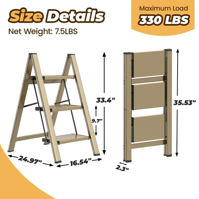 Alt view image 2 of 7 - 3 Step Ladder, Lightweight Aluminum Folding Step Stool Anti-Slip Wide Pedal, 330lbs Capacity Step Ladder for Household Kitchen Office, Gold