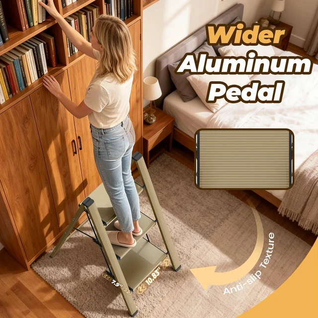 Alt view image 3 of 7 - 3 Step Ladder, Lightweight Aluminum Folding Step Stool Anti-Slip Wide Pedal, 330lbs Capacity Step Ladder for Household Kitchen Office, Gold