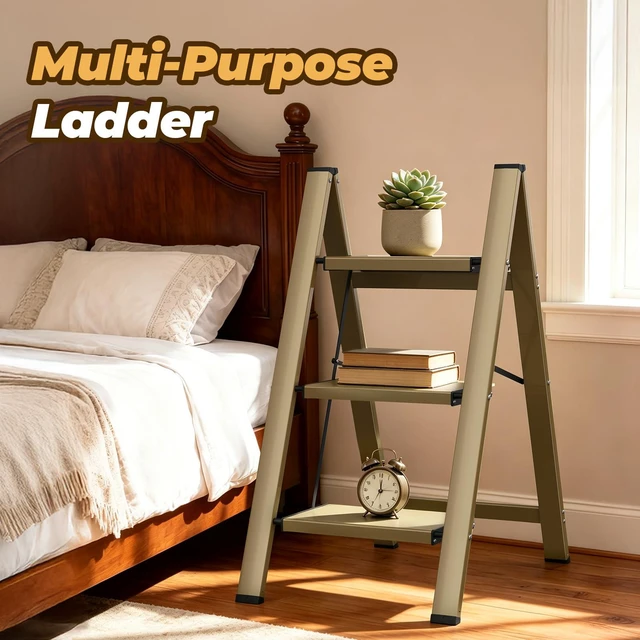 Alt view image 6 of 7 - 3 Step Ladder, Lightweight Aluminum Folding Step Stool Anti-Slip Wide Pedal, 330lbs Capacity Step Ladder for Household Kitchen Office, Gold