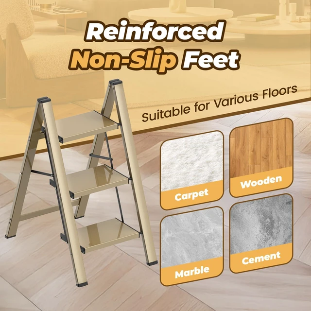 Alt view image 5 of 7 - 3 Step Ladder, Lightweight Aluminum Folding Step Stool Anti-Slip Wide Pedal, 330lbs Capacity Step Ladder for Household Kitchen Office, Gold