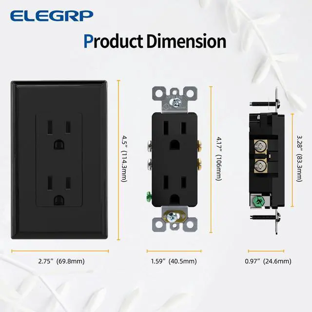 Alt view image 5 of 7 - Decorator Receptacle, 15A 125V Standard Electrical Wall Outlet, Non-TR, 2 Pole 3 Wire, Self-Grounding Residential Grade, Screwless Wall Plate Included, UL Listed (50 Pack, Glossy Black)