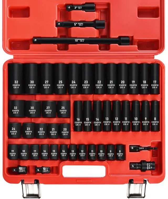 Main image of 1/2" Drive Impact Socket Set 49 Piece, Standard and Deep Metric Socket (9-25mm, 27, 30, 32mm), Includes Extension Bars, Universal Joint and Adapter, 6 Point Design,Cr-V steel
