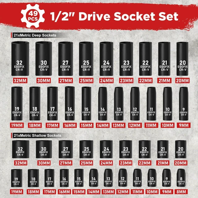 Alt view image 2 of 7 - 1/2" Drive Impact Socket Set 49 Piece, Standard and Deep Metric Socket (9-25mm, 27, 30, 32mm), Includes Extension Bars, Universal Joint and Adapter, 6 Point Design,Cr-V steel