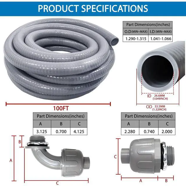 Alt view image 5 of 7 - 1 inch 100 Ft Electrical Conduit Kit,Liquid-Tight Conduit and Connector Flex Conduit Kit with 5 Straight 3 Angle Fitting Included,Flexible Non-Metallic Liquid Tight Electrical Conduit(1" Dia,100 ft
