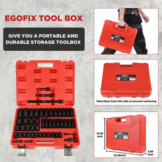 Alt view image 5 of 7 - 1/2" Drive Impact Socket Set 49 Piece, Standard and Deep Metric Socket (9-25mm, 27, 30, 32mm), Includes Extension Bars, Universal Joint and Adapter, 6 Point Design,Cr-V steel