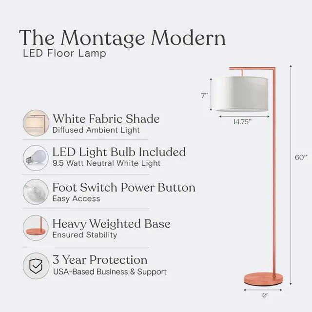 Alt view image 5 of 7 - Montage Modern Floor Lamp, LED Floor Lamp for Living Rooms & Offices - Tall Standing Lamp for Bedroom Reading - Corner Pole Lamp for Contemporary Home Decor - Rose Gold