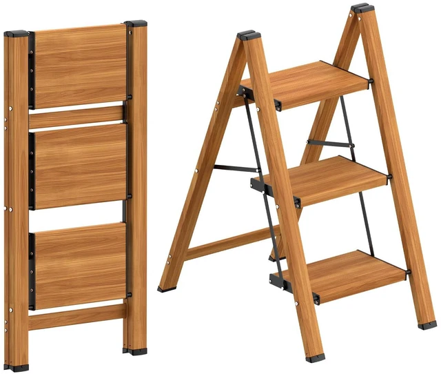 Main image of 3 Step Ladder, Lightweight Aluminum Folding Step Stool Anti-Slip Wide Pedal, 330lbs Capacity Step Ladder for Household Kitchen Office, Woodgrain